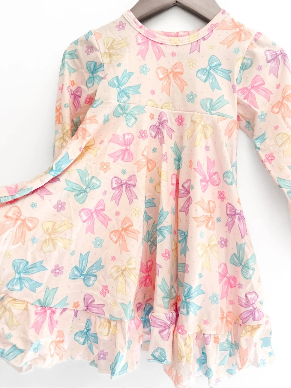 Girls' Long-Sleeve Pastel Bow Print Dress